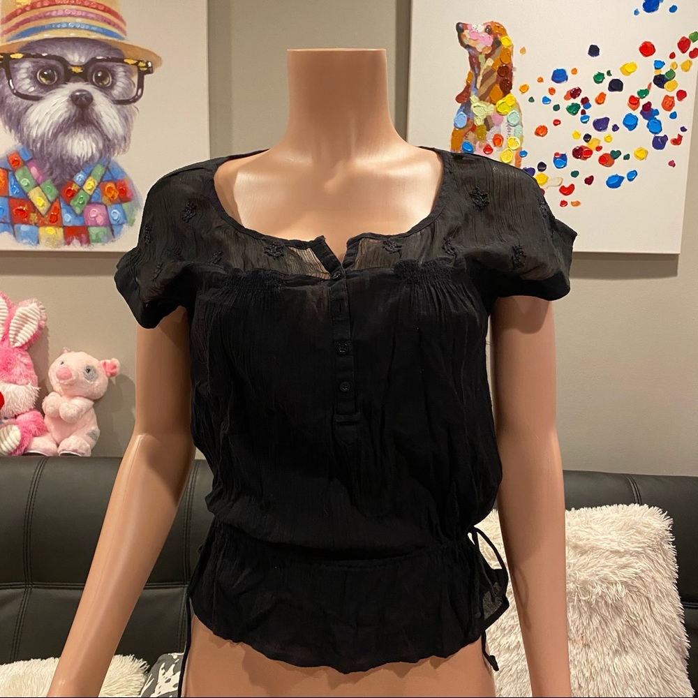 American Eagle black embroidered button down peplum linen top XS